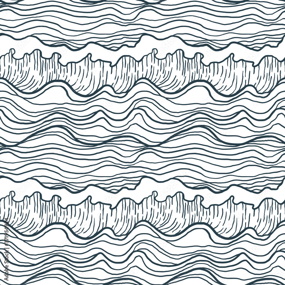 Seamless pattern with stormy waves. Design for backdrops and colouring book with sea, rivers or water texture. Repeating texture. Figure for textiles. Print for the cover of the book, postcards.