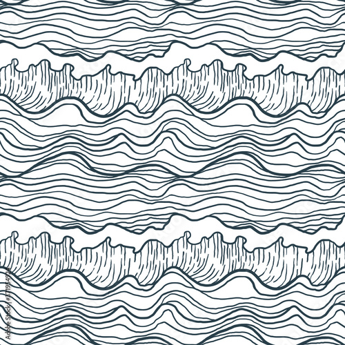 Seamless pattern with stormy waves. Design for backdrops and colouring book with sea, rivers or water texture. Repeating texture. Figure for textiles. Print for the cover of the book, postcards.