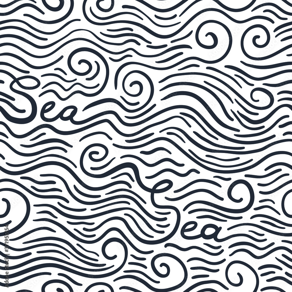 Seamless pattern with black waves and inscription sea. Design for backdrops with sea, rivers or water texture. Repeating texture. Print for the cover of the book, postcards, t-shirts. Surface design.