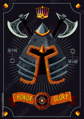 Antique poster with knight helmet. Vector cartoon illustration. Fantasy rpg game background.
