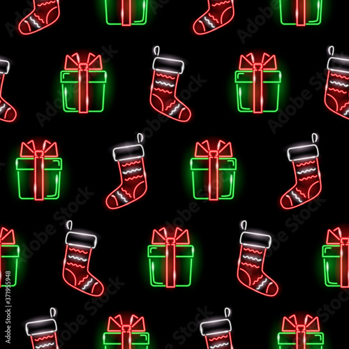 Christmas seamless pattern with neon icons of  giftboxes and stocking on black background. Winter holidays, X-mas, Boxing day, New Year concept. Vector 10 EPS illustration.
