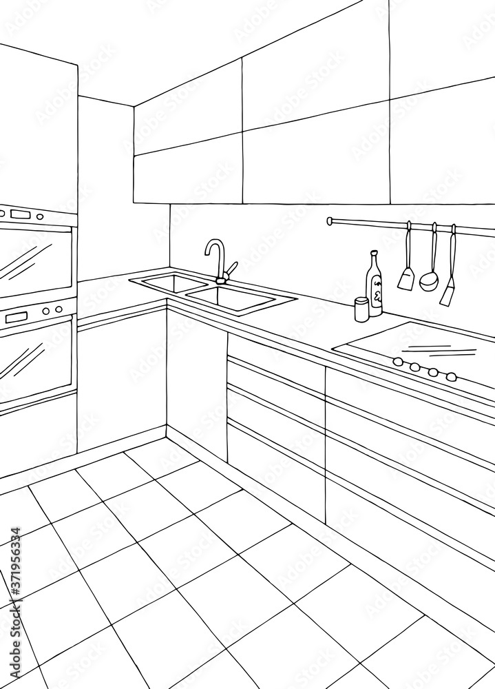 Fototapeta premium Kitchen room graphic black white vertical home interior sketch illustration vector