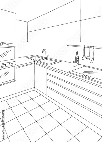 Kitchen room graphic black white vertical home interior sketch illustration vector