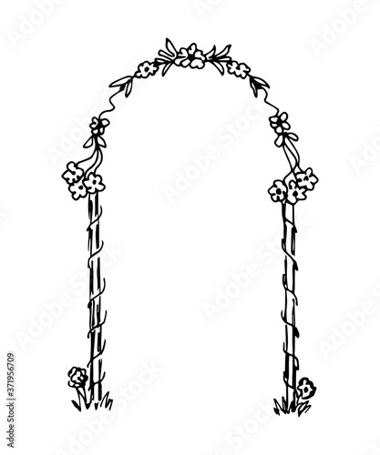 Hand-drawn vector ink drawing. Romantic festive, wedding flower arch in black outline on a white background.