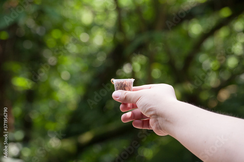 Hand Holds A Cup Of Worms On Jurong Singapore Birdpark. © danviewfinder