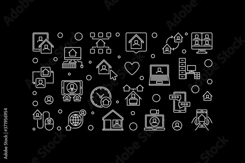 Remote Work outline vector concept horizontal illustration or banner on dark background