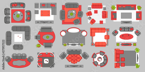 Vector set. Living rooms for floor plan. Top view.