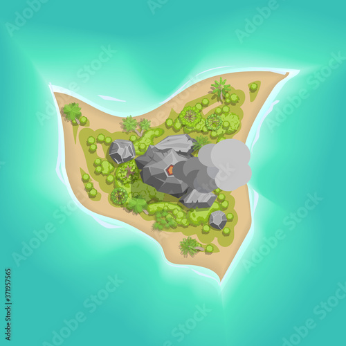 Tropical island with a volcano. Top view.