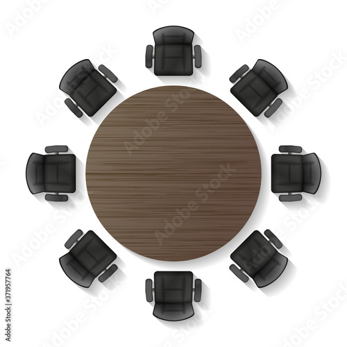 Work space for business meetings and brainstorming. Office table. (View from above) Vector illustration. Top view of a conference room. 