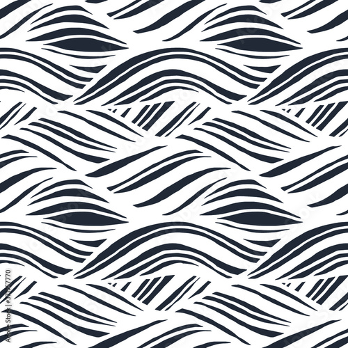 Seamless pattern with black noise linear waves. Design for backdrops and colouring book with sea, rivers or water texture. Repeating texture. Figure for textiles.