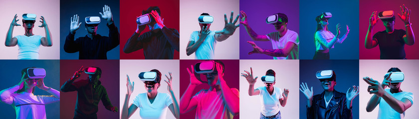 Collage of portraits of 8 young emotional people on multicolored background in neon light. Concept of human emotions, facial expression, sales. Smiling, playing videogames with VR-headset, modern.
