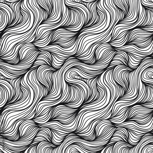 Seamless pattern with black linear waves. Design for backdrops and colouring book with sea  rivers or water texture. Repeating texture. Figure for textiles. Print for the cover of the book  postcards.