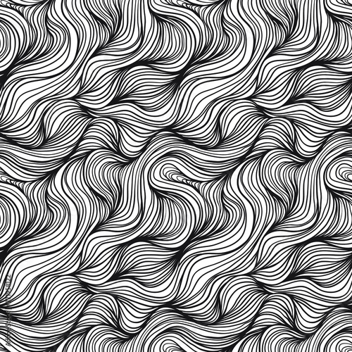 Seamless pattern with black linear waves. Design for backdrops and colouring book with sea, rivers or water texture. Repeating texture. Figure for textiles. Print for the cover of the book, postcards.