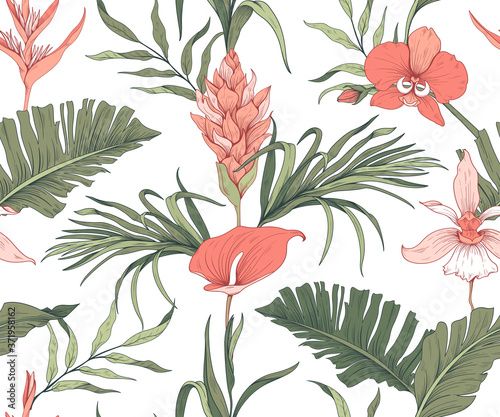 Seamless pattern with trendy exotic flowers and leaves 