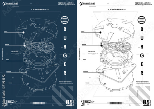 Hamburger in a technical style. Design and development, testing, SEO, social marketing, web technology. Concept of Hud poster with UI UX elements.