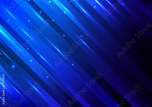 Abstract technology digital futuristic different neon glowing dots particles with lighting on blue stripes background