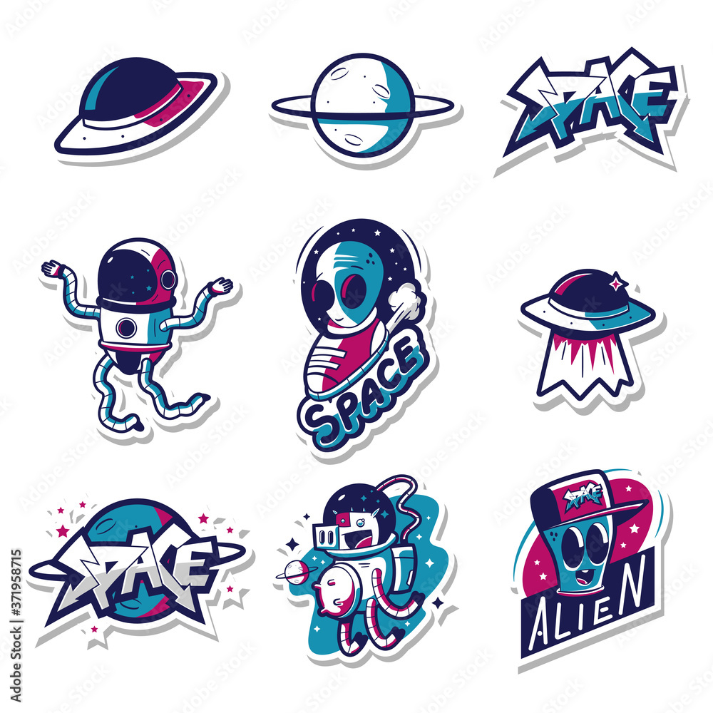 Space stickers with cosmonaut, alien and ufo vector cartoon set isolated on a white background. Space stickers with cosmonaut, alien and ufo vector cartoon set isolated on a white background.