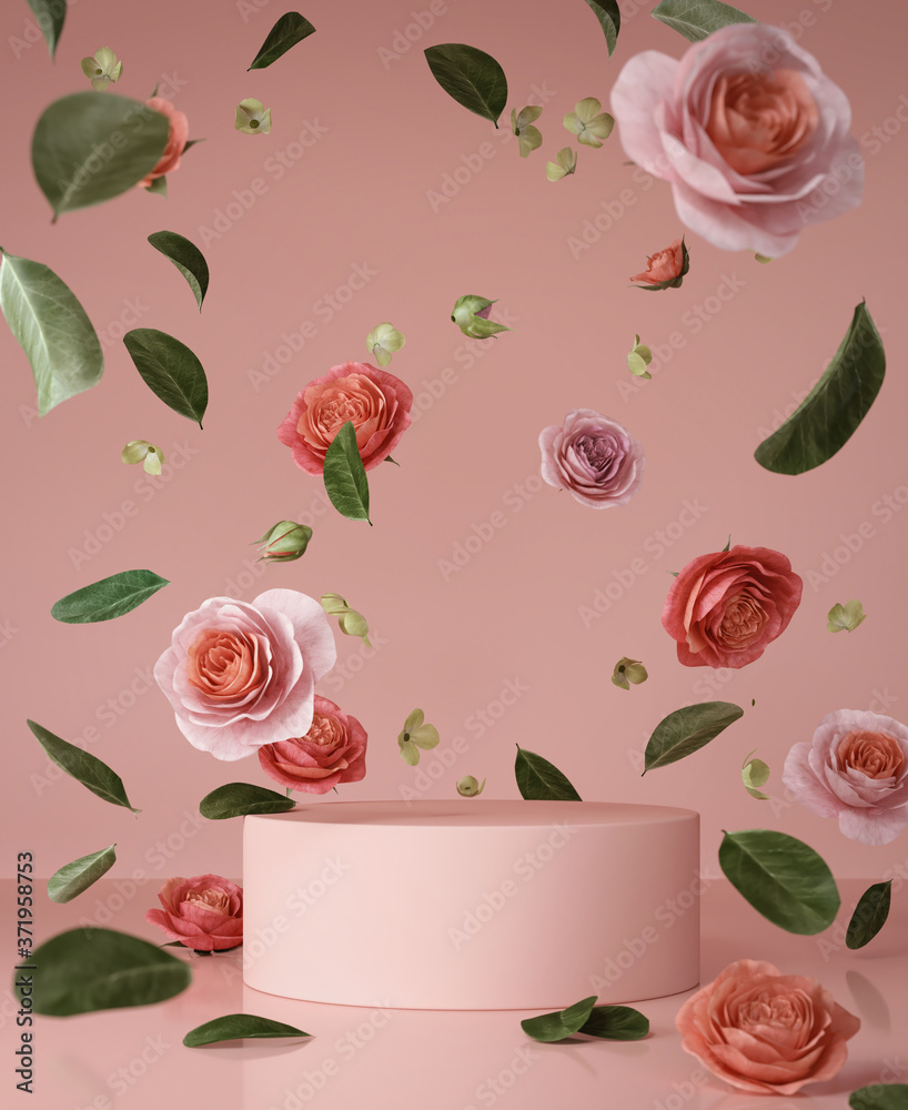 Abstract background Scene for cosmetic Product and Package Presentation,Vintage flower falling on Podium Display. - obrazy, fototapety, plakaty 