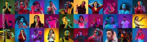 Collage of portraits of 14 young emotional people on multicolored background in neon light. Concept of human emotions, facial expression, sales. Smiling, cheering, crazy happy, shocked, pointing