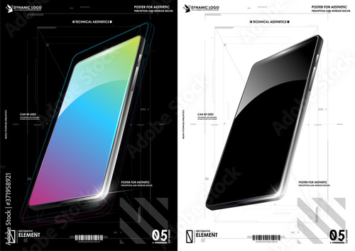 Device UI/UX mockup for presentation template. Modern Smartphone poster with futuristic HUD elements. Design and development, testing, SEO, social marketing, web technology.