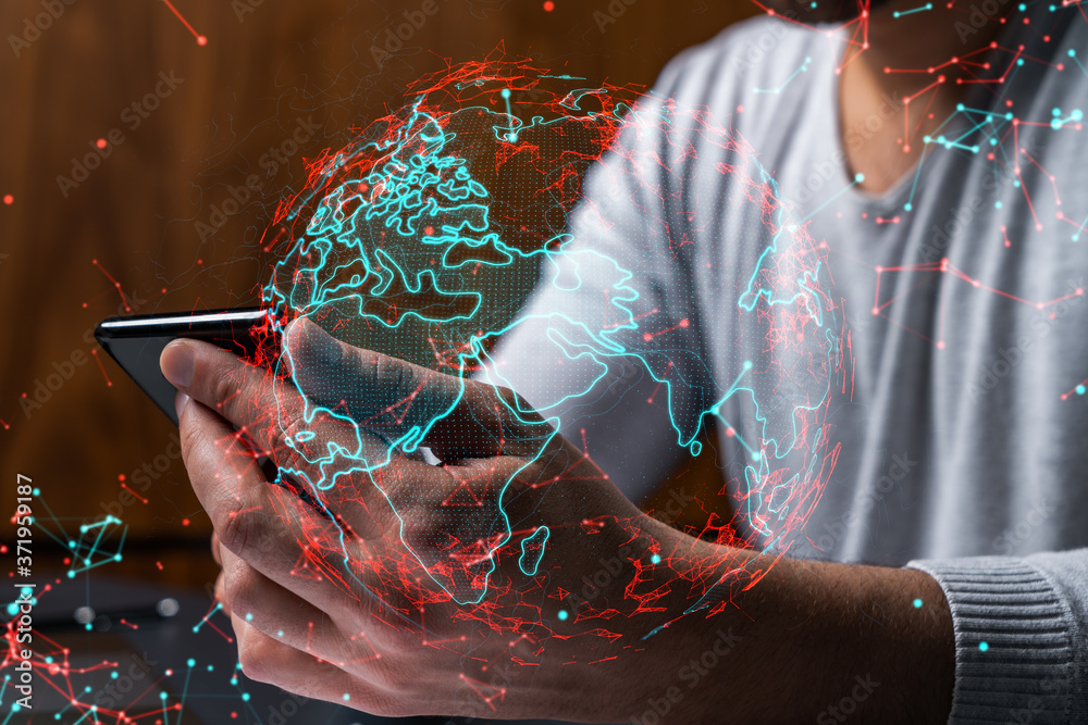 Obraz premium Man using phone. Hands typing smartphone. Double exposure with world map planet earth hologram. Close up. Internet and people connection concept.