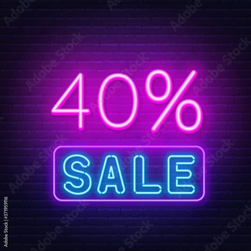 40 percent sale neon sign. Discount. Vector illustration