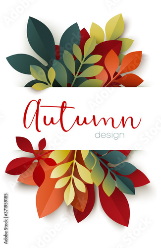 Hello Autumn poster. Bouquet of colorful fall leaves on white background. Seasonal banner in trendy paper cut style. Design template for print or web. Vector illustration