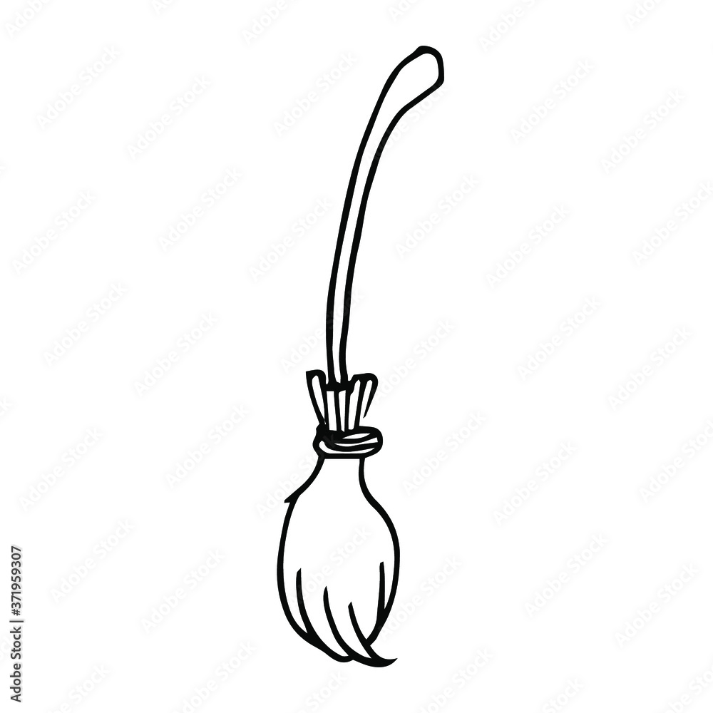 Single hand drawn broom, witch broom, mop, broomstick isolated on white. Element design for card, poster, halloween, print, coloring book