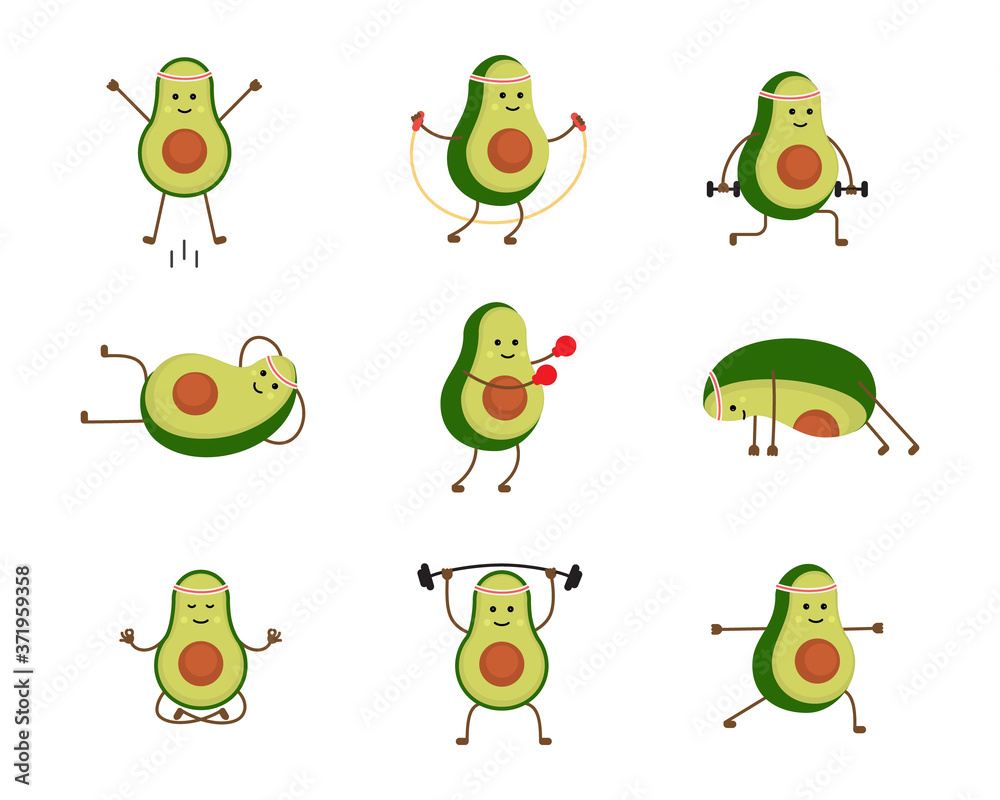 Obraz premium Cartoon Color Characters Avocado Sport Set Concept. Vector