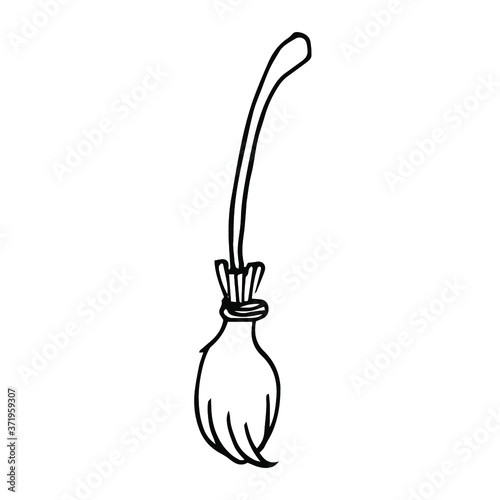 Single hand drawn broom, witch broom, mop, broomstick isolated on white. Element design for card, poster, halloween, print, coloring book