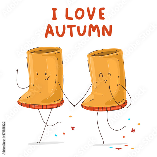 Cute gumboots couple vector cartoon autumn character isolated on a white background.