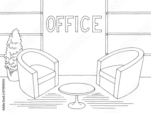 Reception waiting room office lobby hall graphic black white interior sketch illustration vector