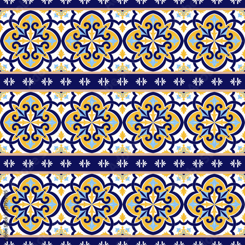 Portuguese tile pattern vector seamless with vintage border ornament. Portugal azulejos, mexican talavera, italian sicily majolica or spanish ceramic. Background for kitchen wall or bathroom floor.