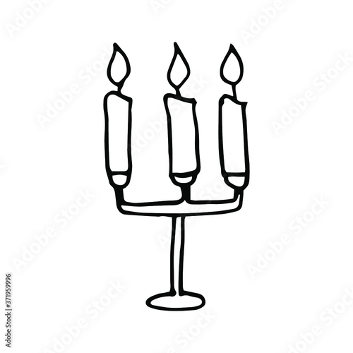 Single hand drawn candle in candlestick isolated on white. Element design for card, poster, print, pattern