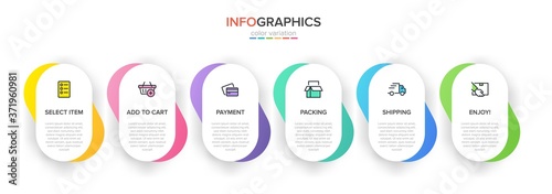 Concept of shopping process with 6 successive steps. Six colorful graphic elements. Timeline design for brochure, presentation, web site. Infographic design layout.