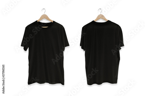 Black blank front and back t-shirt isolated on white background.