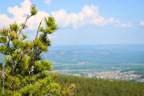 View of the village and pine forests from the Chashkovsky ridge. Ural mountains. Eco-tourism and hiking concept.