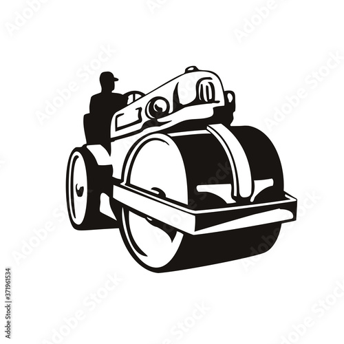 Vintage Road Roller Roller-Compactor or Steamroller Front View Retro Woodcut Black and White