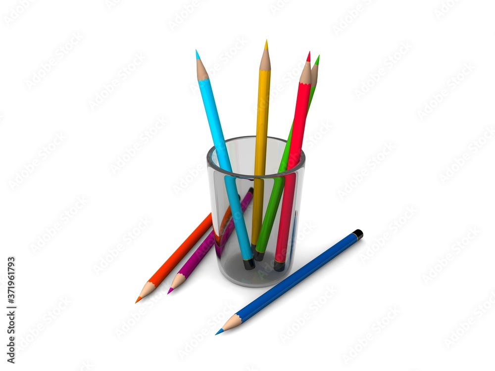 3d realistic pencils in a glass on a white background