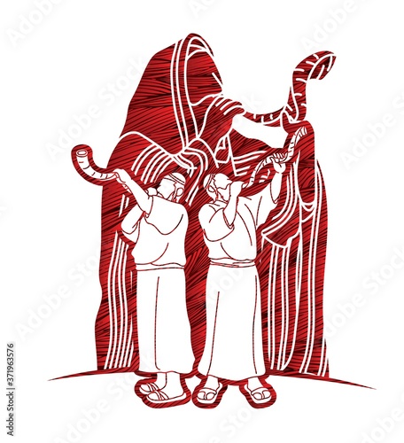 Group of Jewish blowing the shofar horn cartoon graphic vector.
