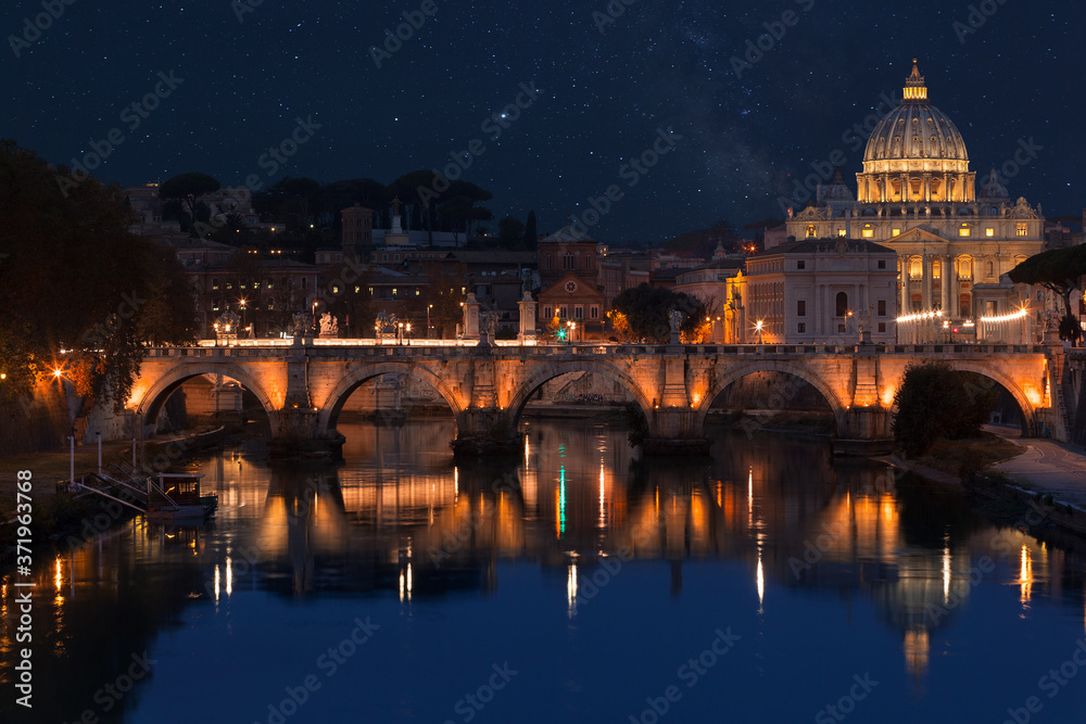 Basilica di San Pietro and Ponte Sant'Angelo, Rome at night 