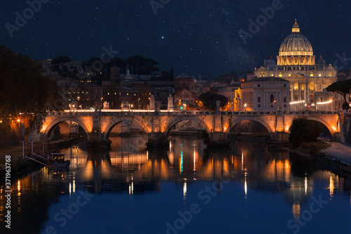 Basilica di San Pietro and Ponte Sant'Angelo, Rome at night 