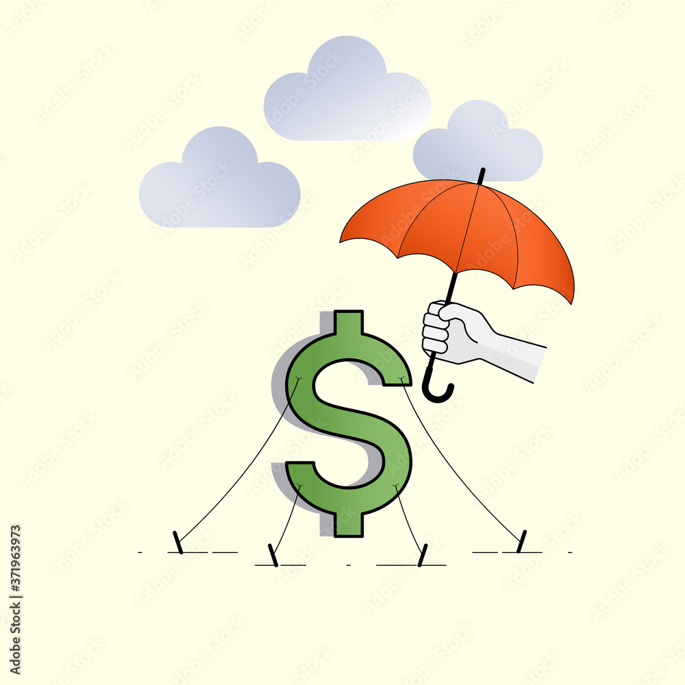 Dollar sign seized with tent anchors, hand holding umbrella for protection. Financial security. Vector illustration outline flat design style. Dollar sign seized with tent anchors, hand holding umbrella for protection. Financial security. Vector illustration outline flat design style.