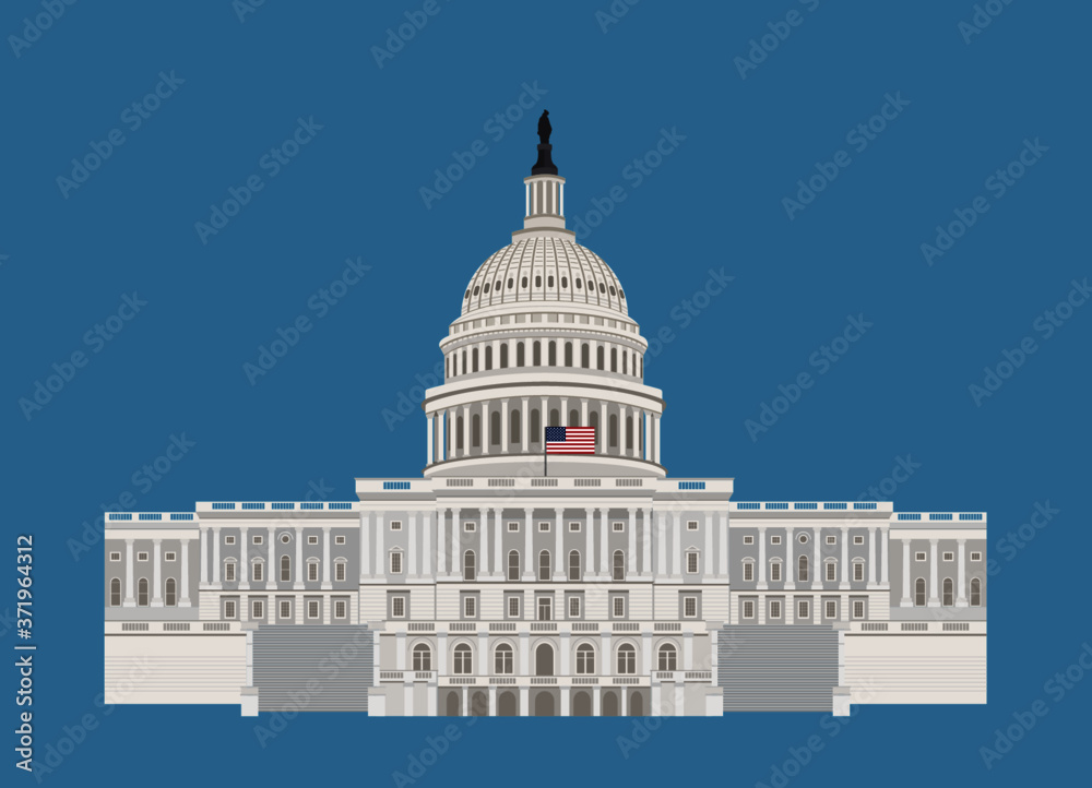 United States Capitol Hill Building in Washington DC, with US flag. Flat vector illustration, isolated on blue background.