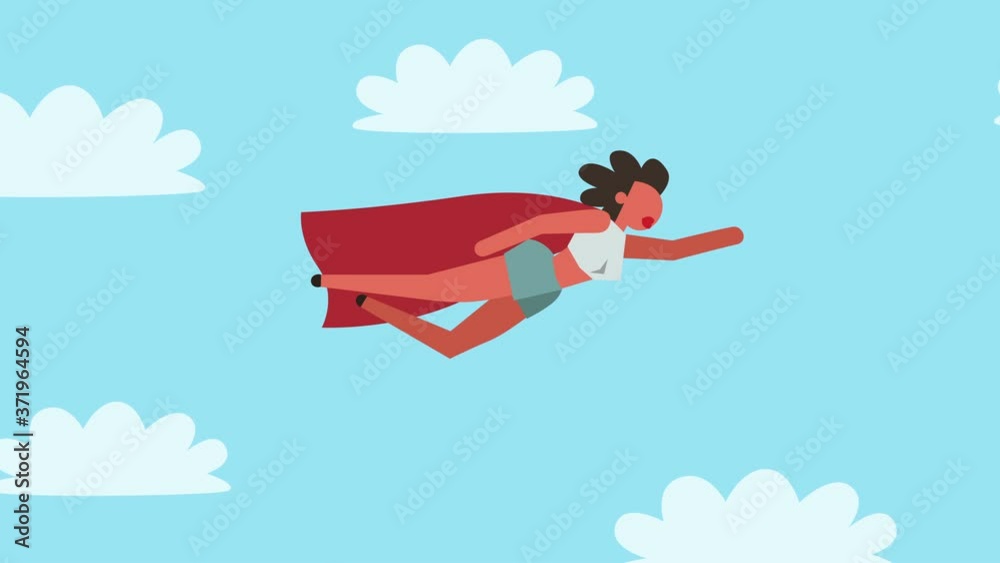 Stick Figure Color Pictogram Woman Girl Character Superhero Fly with Laptop Cartoon Animation. Luma Matte