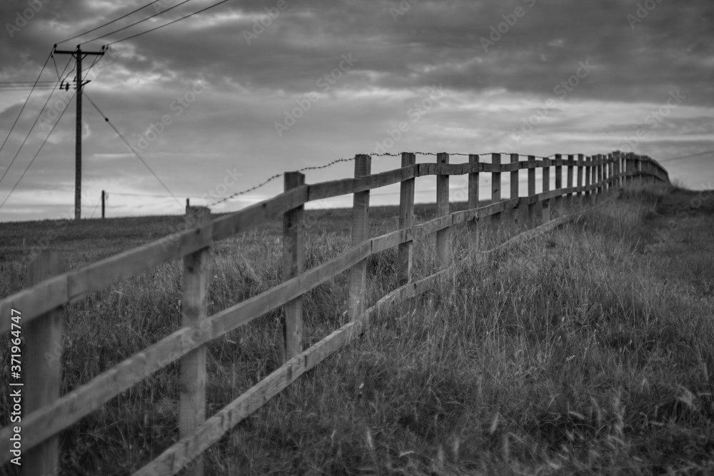 Black and white image of a wooden fence in a field receding into the distance