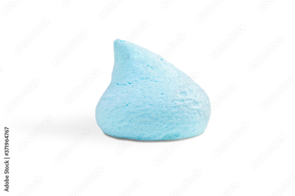 Naklejka premium Single fresh meringue of gentle light blue color on a white background. Sweet fluffy candies made with eggs and sugar, homemade delicious creamy treat, baking decor, isolated.
