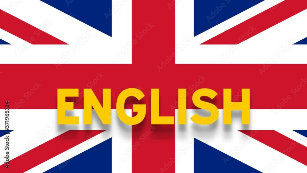 Speaking english, word flowing on the flag of UK. 2D animation background. Clip 4k