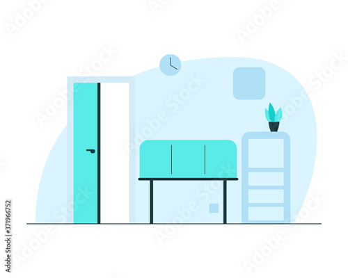 Hospital waiting hall interior. Vector concept illustration of a modern hospital corridor interior with locker, plant, couch, bench, wall clock and open door in the consulting room