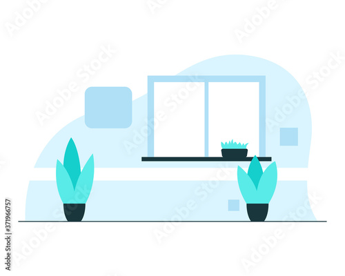 Hospital corridor interior. Vector illustration of indoor hosital passageway with a window, sill plants in flowerpots. Empty hallway concept illustration